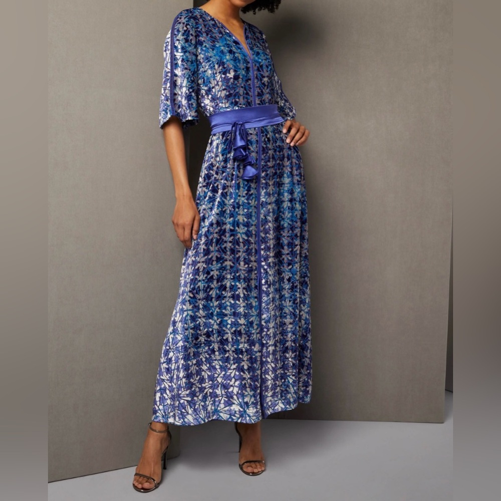 CARLISLE Collection Printed Blue Velvet  Maxi Dress Sz 2 Boho Whimsical Fairy